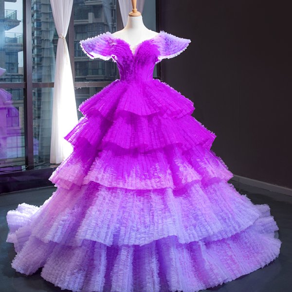 luxury model purple gradient dress long prom formal dress 66905