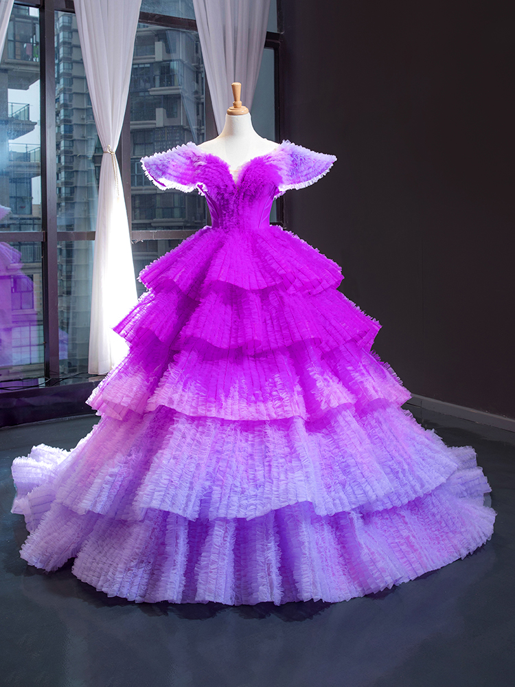 luxury model purple gradient dress long prom formal dress 66905