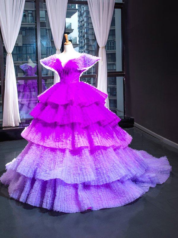 luxury model purple gradient dress long prom formal dress 66905