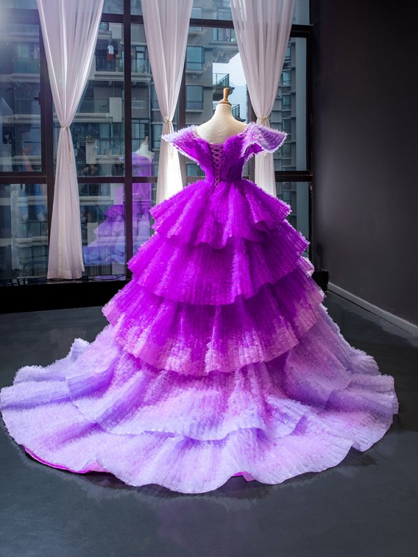 luxury model purple gradient dress long prom formal dress 66905
