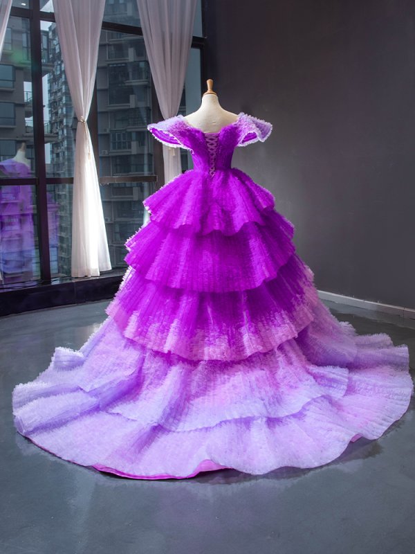 luxury model purple gradient dress long prom formal dress 66905