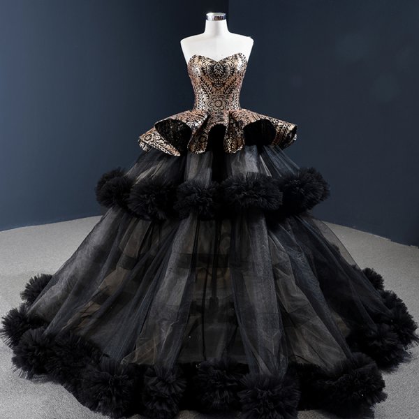 luxury model black sweetheart neck long prom quinceanera dress 66914