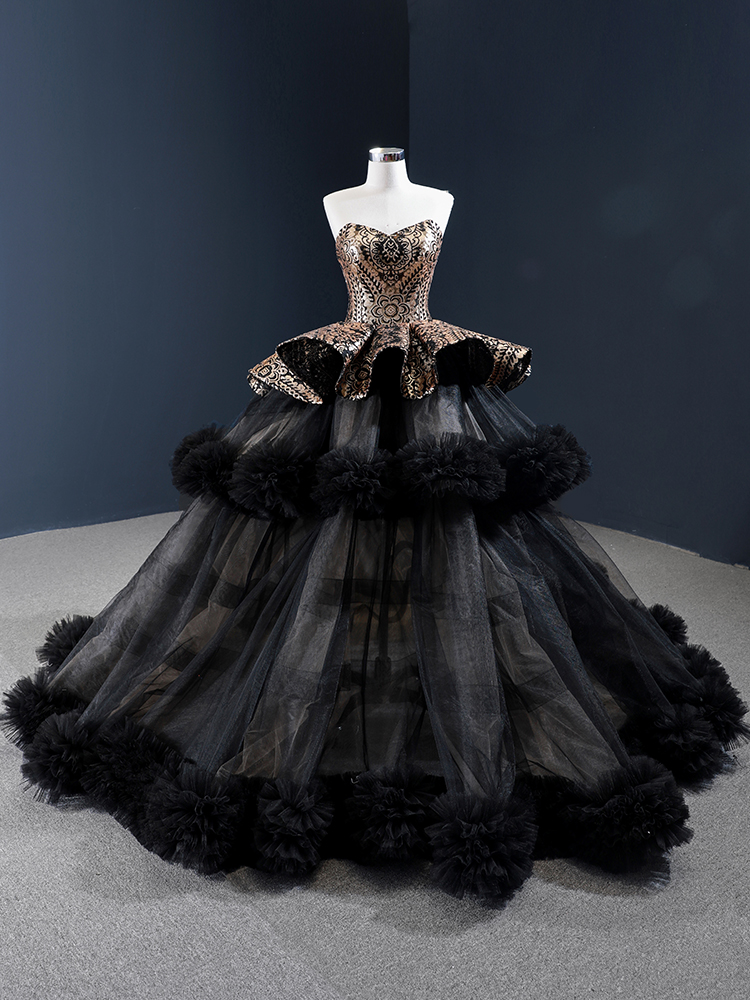 luxury model black sweetheart neck long prom quinceanera dress 66914