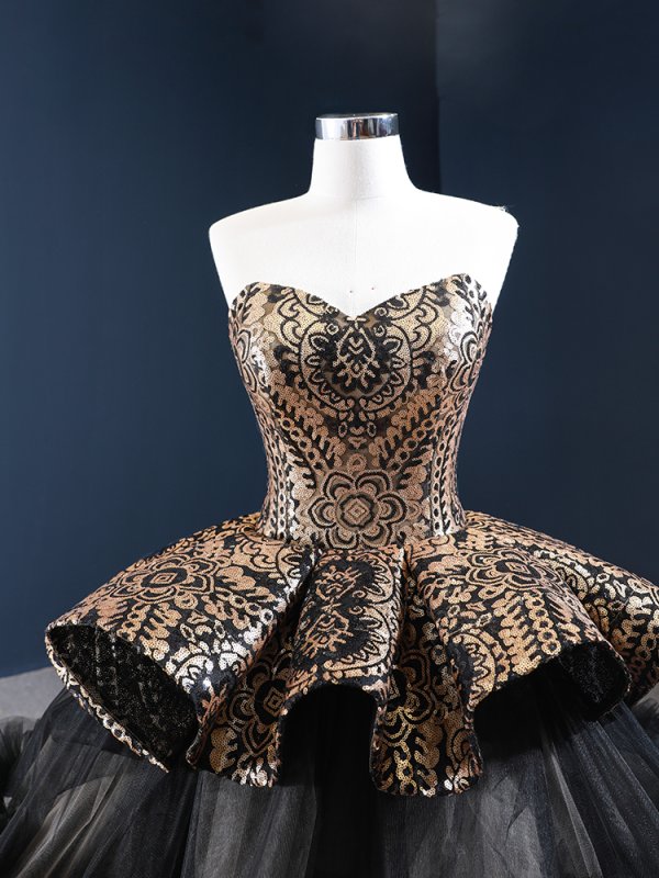 luxury model black sweetheart neck long prom quinceanera dress 66914