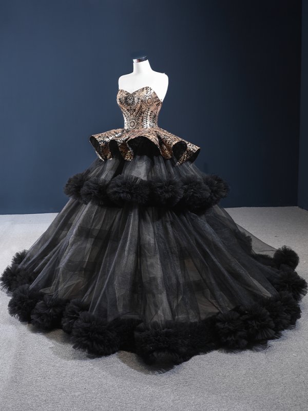 luxury model black sweetheart neck long prom quinceanera dress 66914