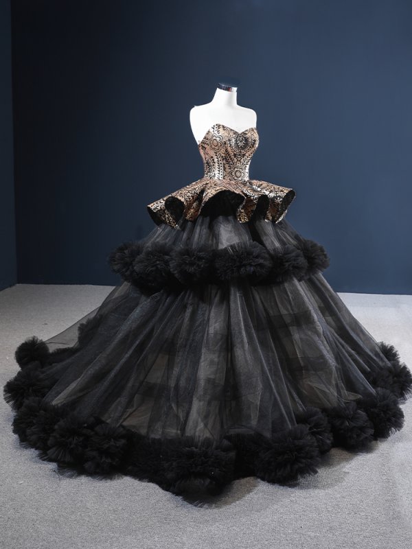luxury model black sweetheart neck long prom quinceanera dress 66914
