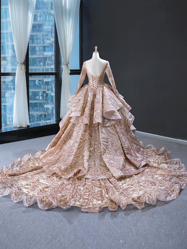 luxury model rose gold sequin scoop neck ball gown prom dress 67017