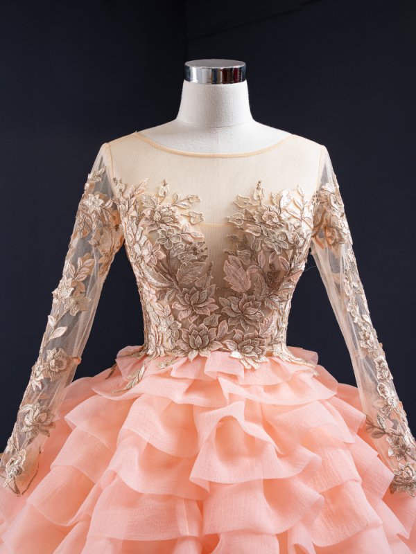 luxury model orange flower scoop neck ball gown prom dress 67019