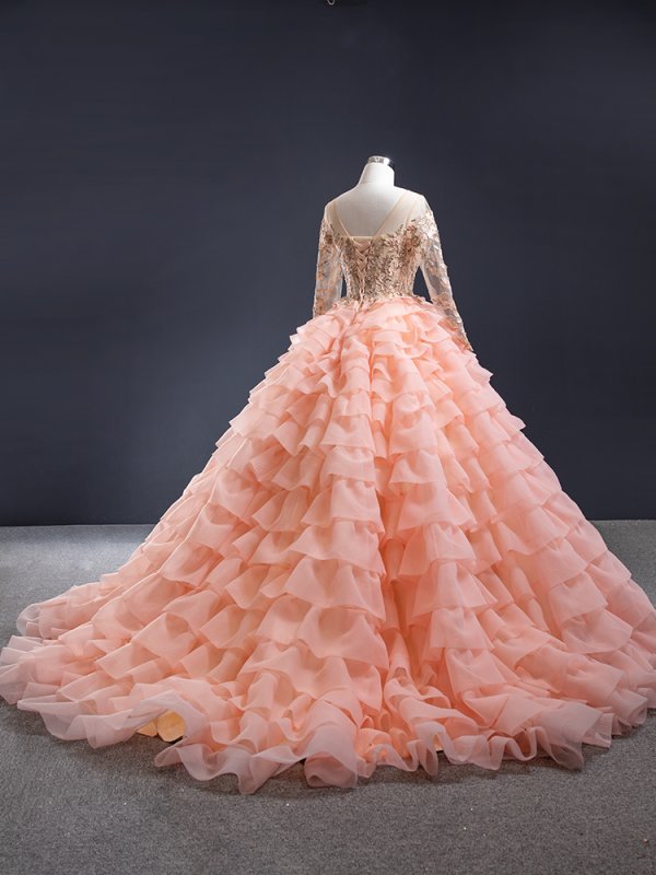 luxury model orange flower scoop neck ball gown prom dress 67019