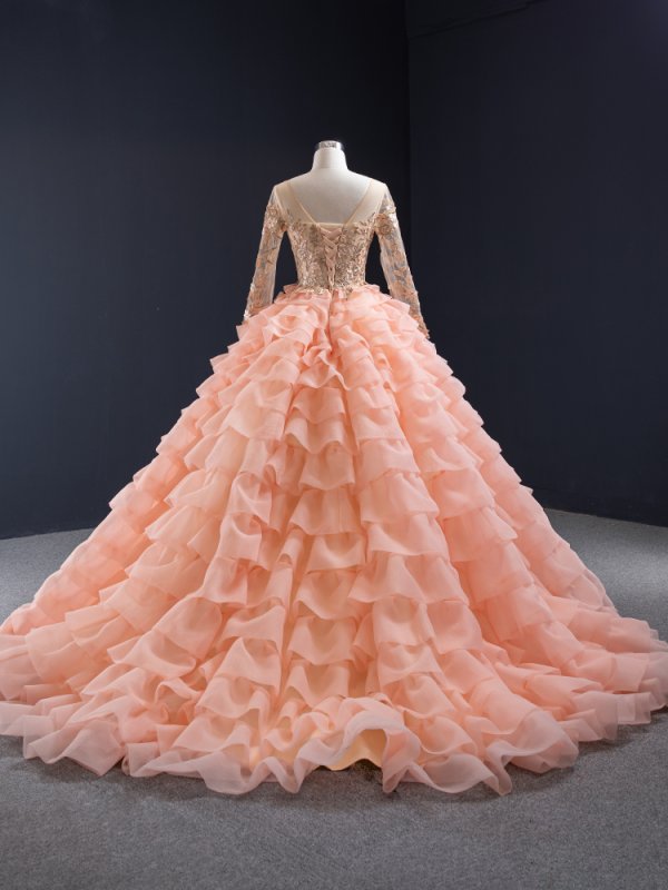 luxury model orange flower scoop neck ball gown prom dress 67019