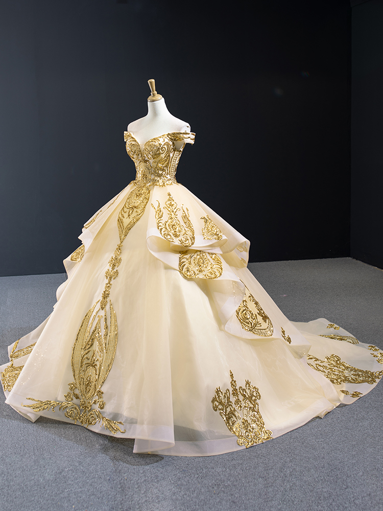 luxury model gold sequin ball gown prom dress 67024