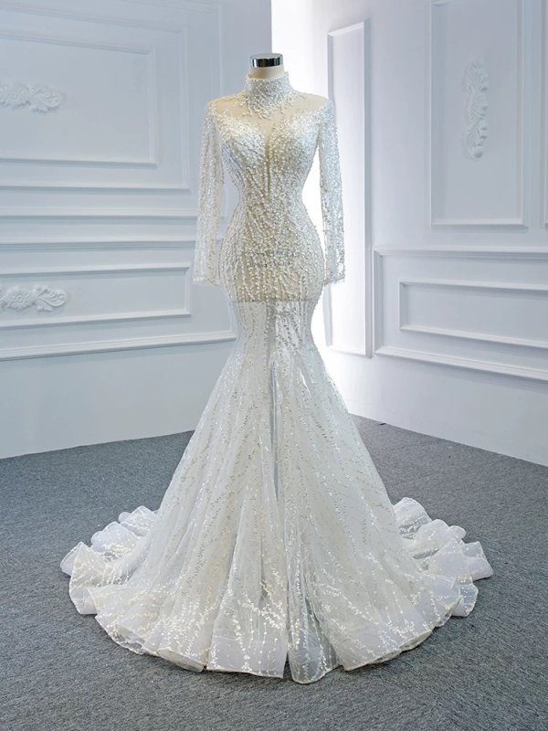 luxury model high neck long sleeve mermiad wedding dress 67140