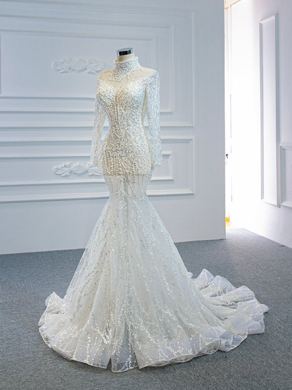 luxury model high neck long sleeve mermiad wedding dress 67140