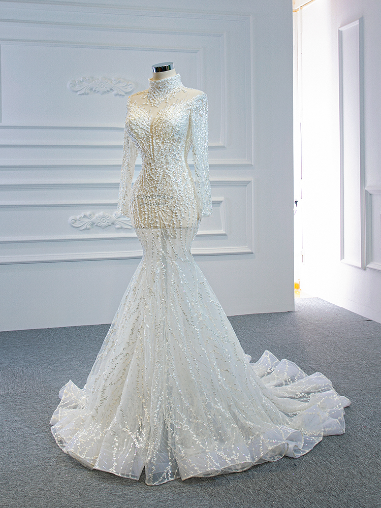 luxury model high neck long sleeve mermiad wedding dress 67140