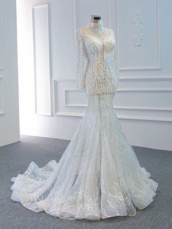 luxury model high neck long sleeve mermiad wedding dress 67140