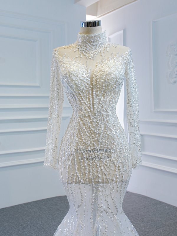 luxury model high neck long sleeve mermiad wedding dress 67140