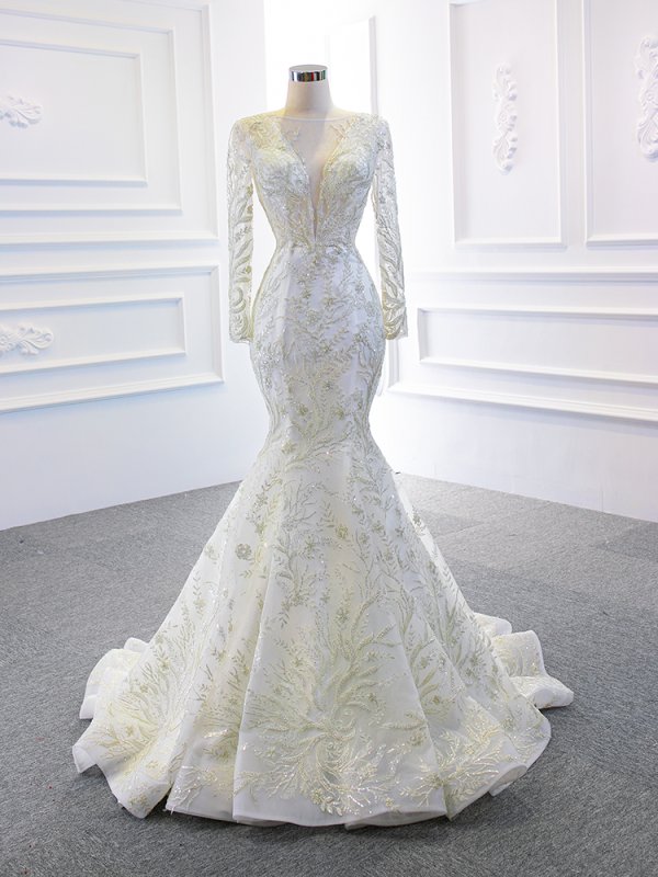 luxury model scoop neck long sleeve mermiad dethable train wedding dress 67156