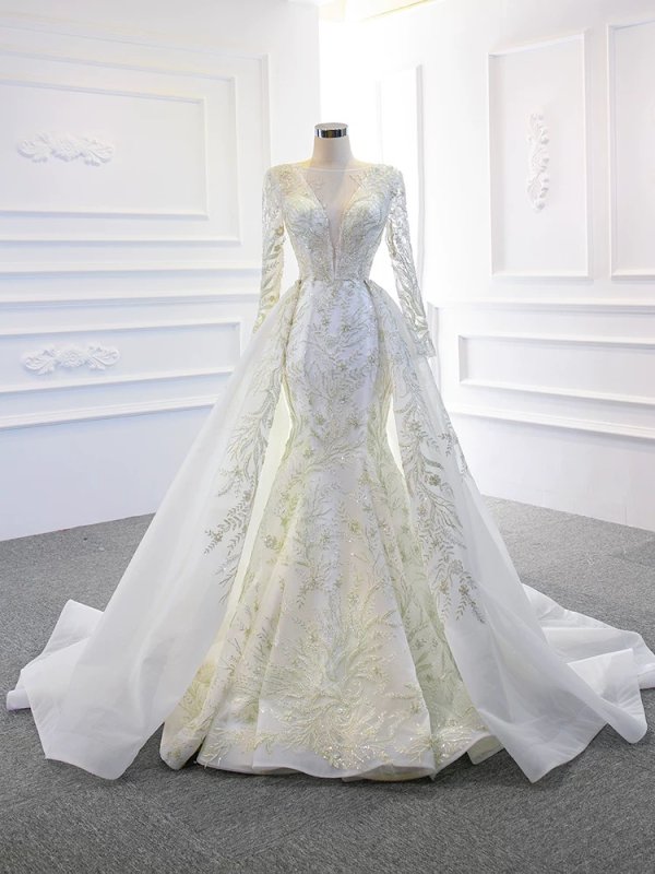 Luxury Model Scoop Neck Long Sleeve Mermiad Dethable Train Wedding Dress 67156