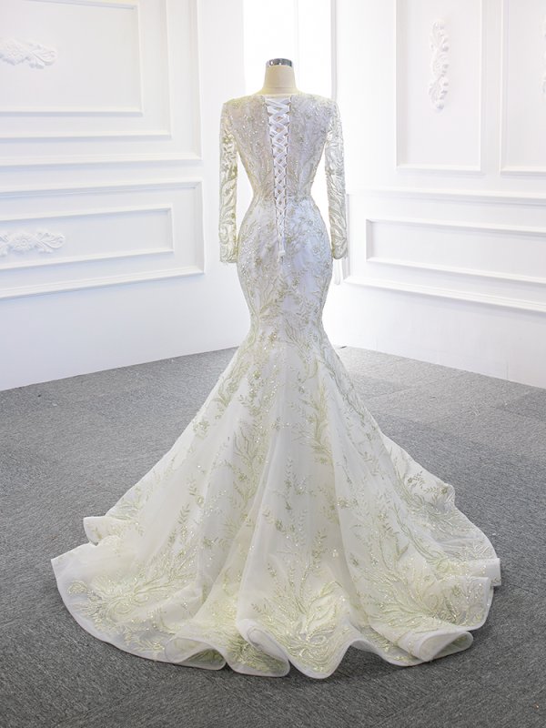 luxury model scoop neck long sleeve mermiad dethable train wedding dress 67156