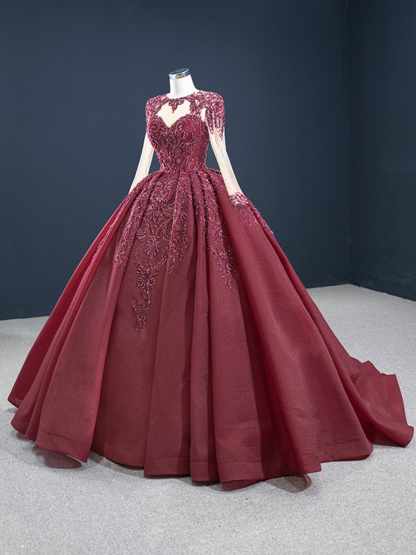 luxury model burgundy long sleeve beaded ball gown prom dress 67160