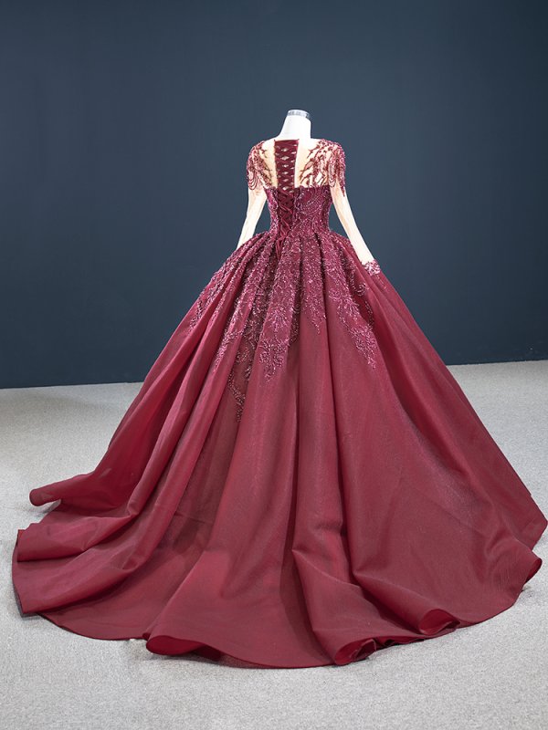 luxury model burgundy long sleeve beaded ball gown prom dress 67160