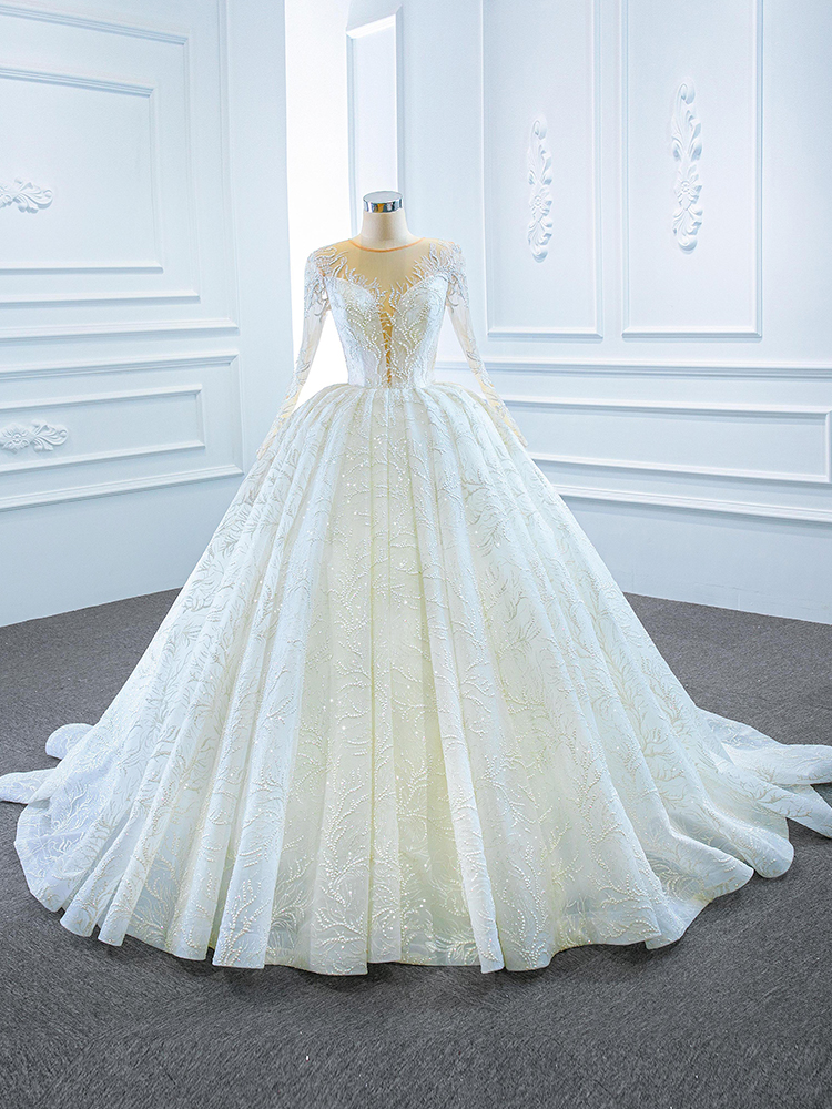 luxury model o neck ball gown long sleeve wedding dress 67168