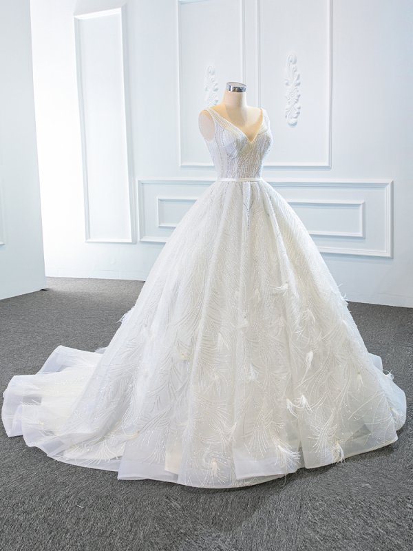 luxury model v neck sleeveless a line long wedding dress 67178