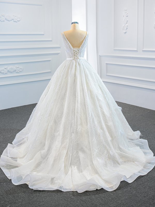 luxury model v neck sleeveless a line long wedding dress 67178