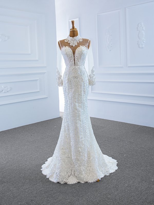 luxury model high neck long sleeve mermaid long wedding dress 67180