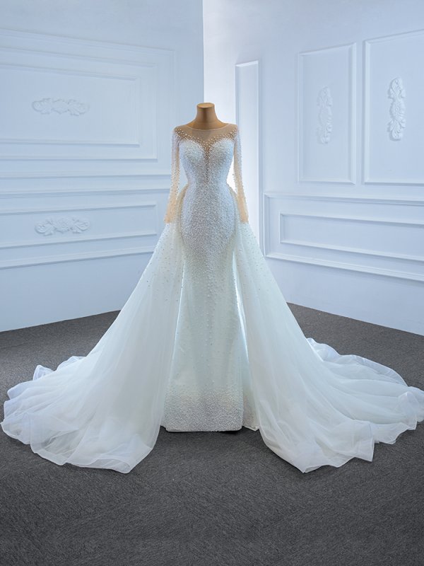 luxury model o neck long sleeve mermaid long wedding dress 67182