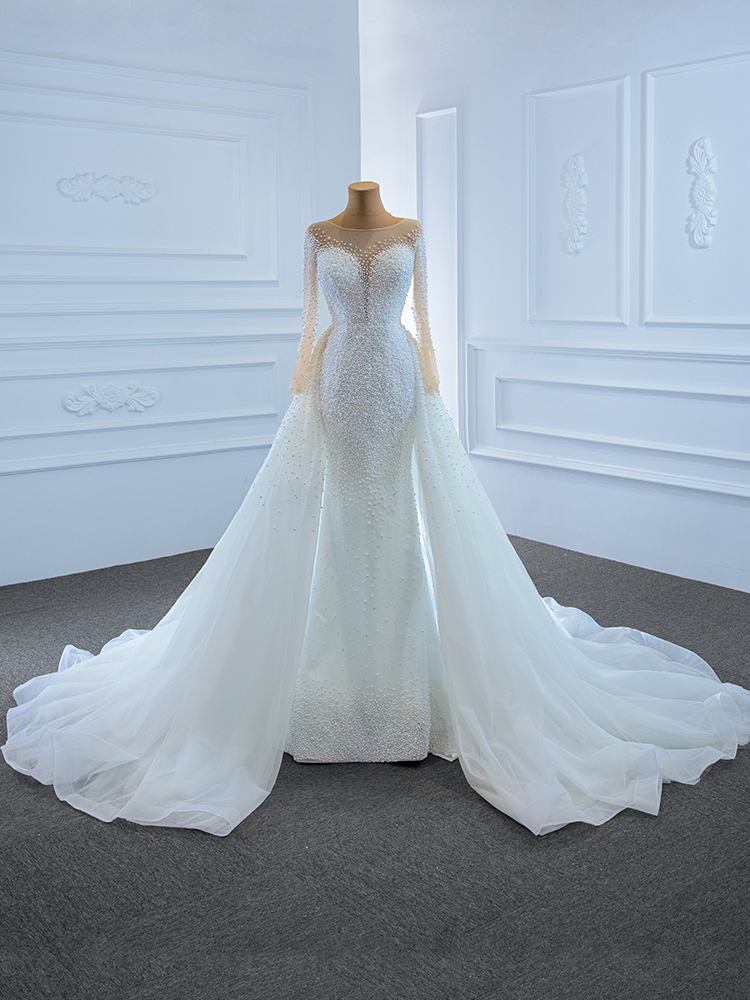 luxury model o neck long sleeve mermaid long wedding dress 67182