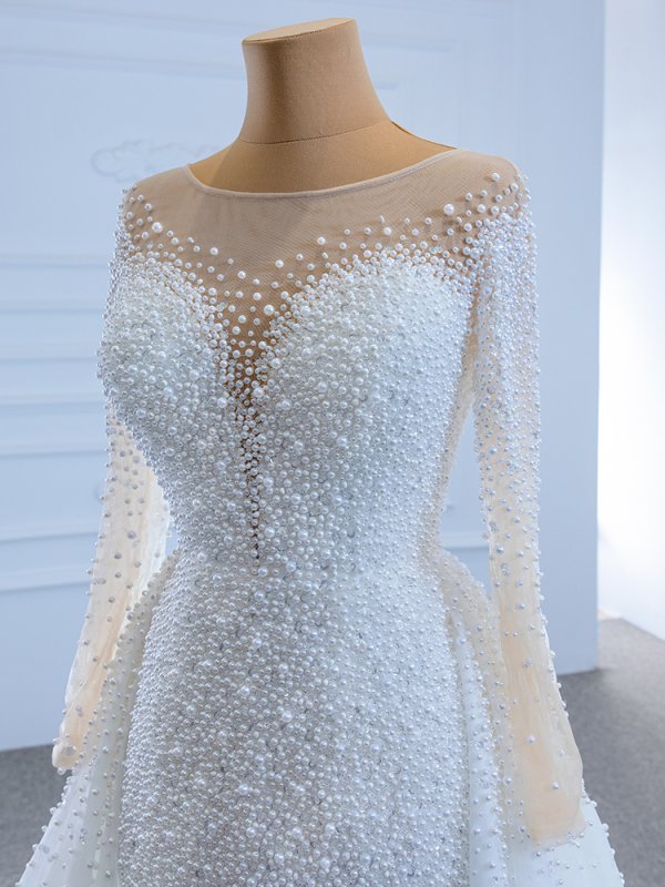 luxury model o neck long sleeve mermaid long wedding dress 67182