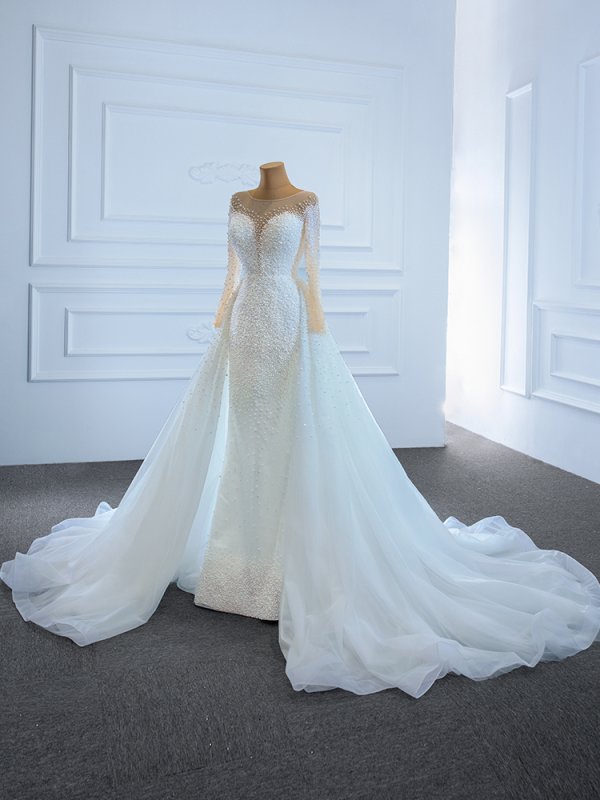 luxury model o neck long sleeve mermaid long wedding dress 67182