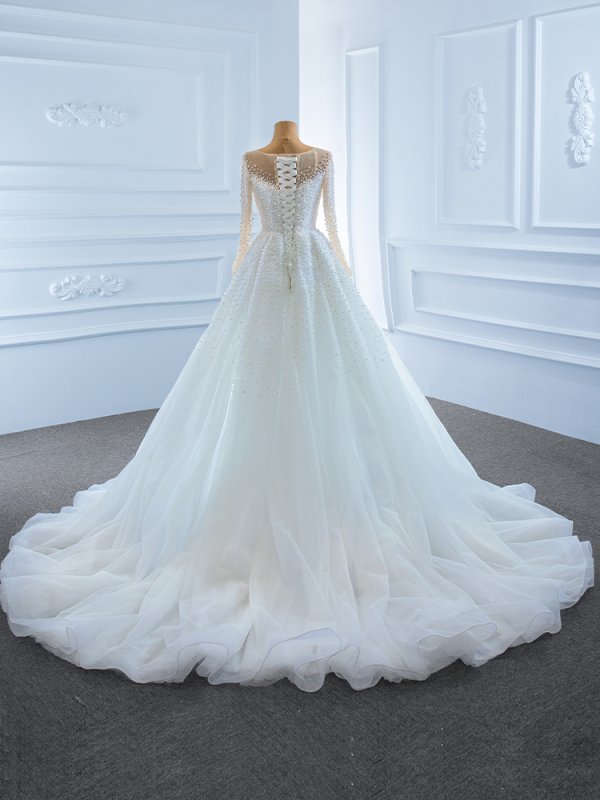 luxury model o neck long sleeve mermaid long wedding dress 67182