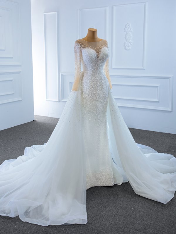 luxury model o neck long sleeve mermaid long wedding dress 67182