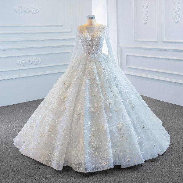 luxury model o neck long sleeve flower wedding dress 67183