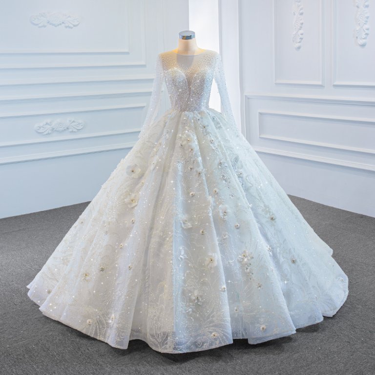 luxury model o neck long sleeve flower wedding dress 67183