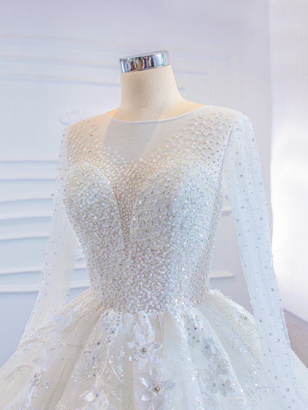 luxury model o neck long sleeve flower wedding dress 67183