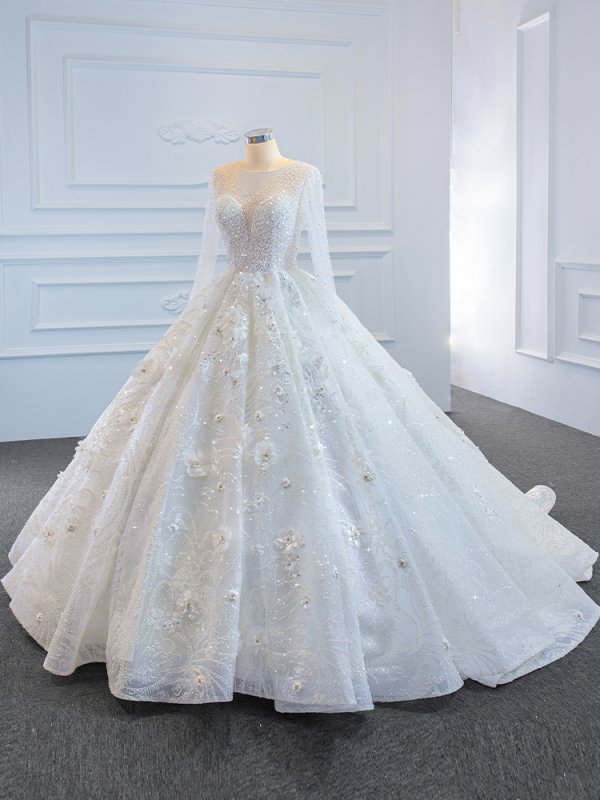 luxury model o neck long sleeve flower wedding dress 67183