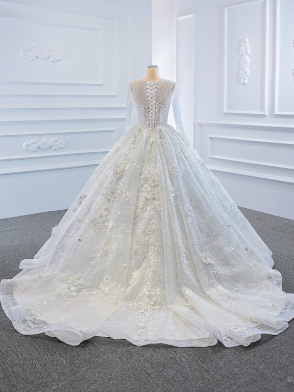 luxury model o neck long sleeve flower wedding dress 67183