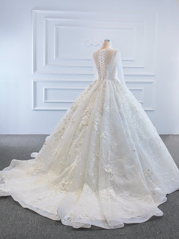 luxury model o neck long sleeve flower wedding dress 67183