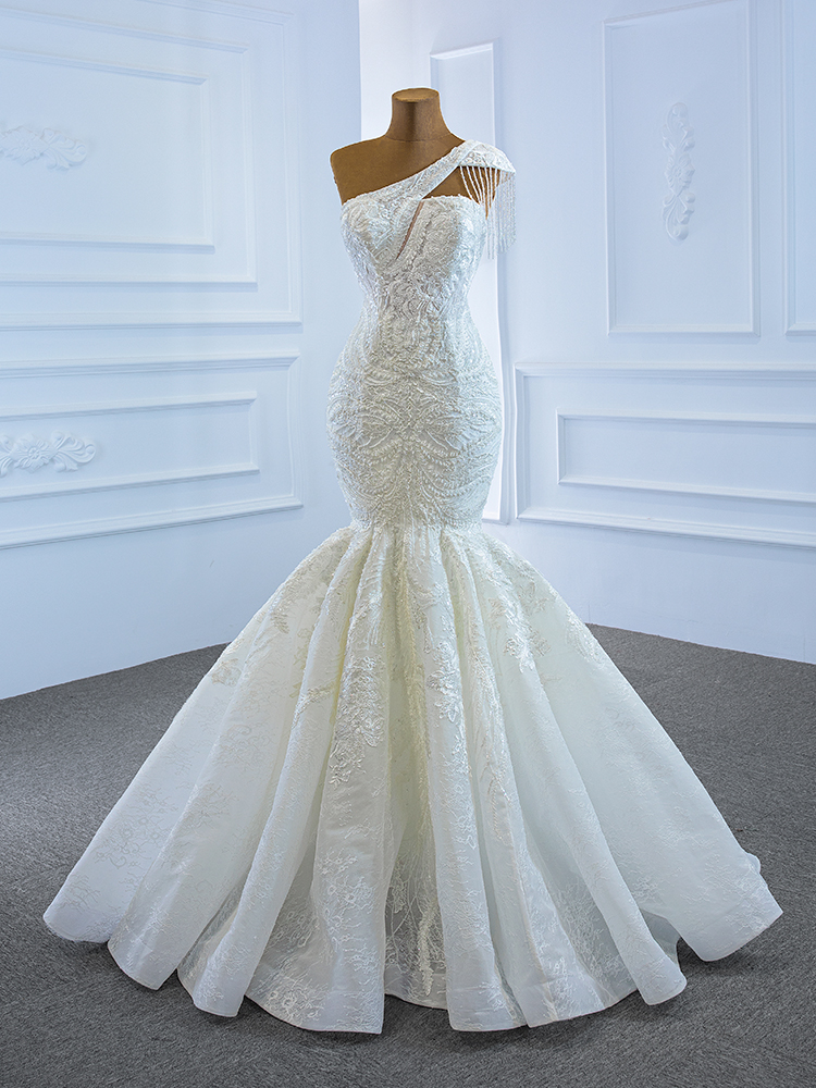 luxury model one shoulder tassels long mermaid wedding dress 67187