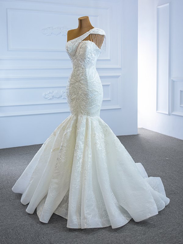 luxury model one shoulder tassels long mermaid wedding dress 67187