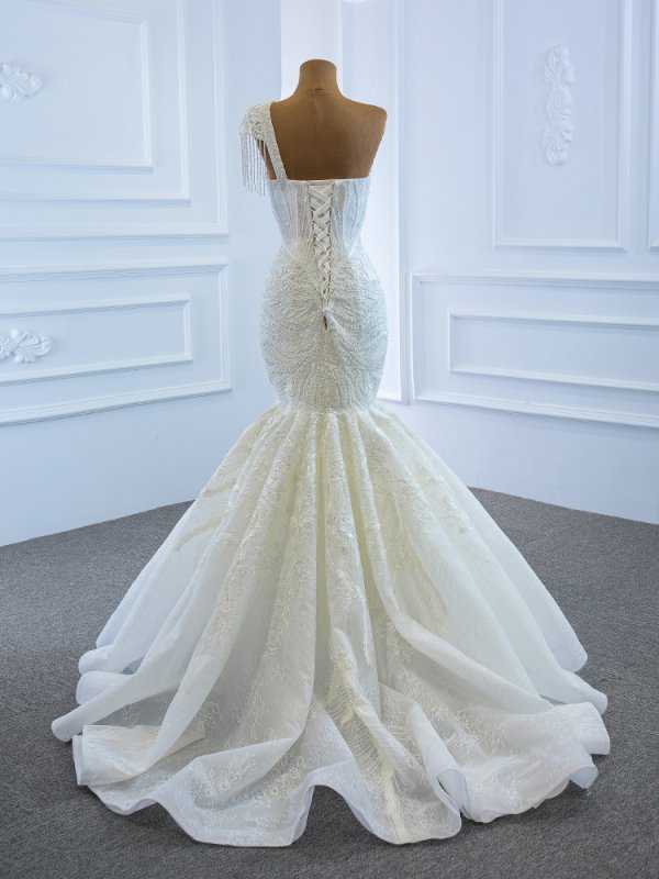 luxury model one shoulder tassels long mermaid wedding dress 67187