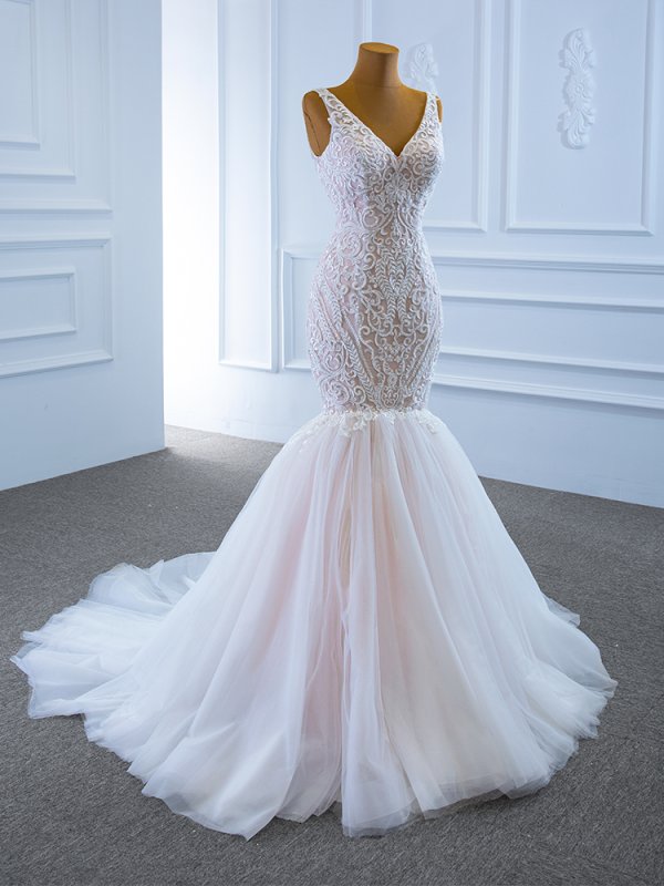 luxury model v neck sleeveless long mermaid wedding dress 67191