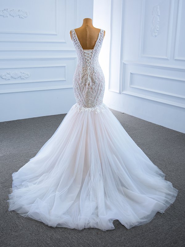 luxury model v neck sleeveless long mermaid wedding dress 67191