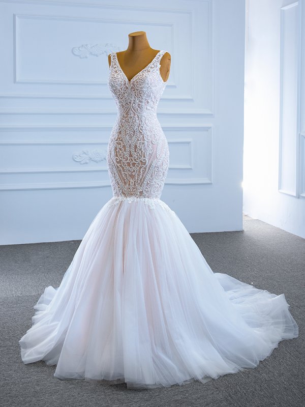 luxury model v neck sleeveless long mermaid wedding dress 67191