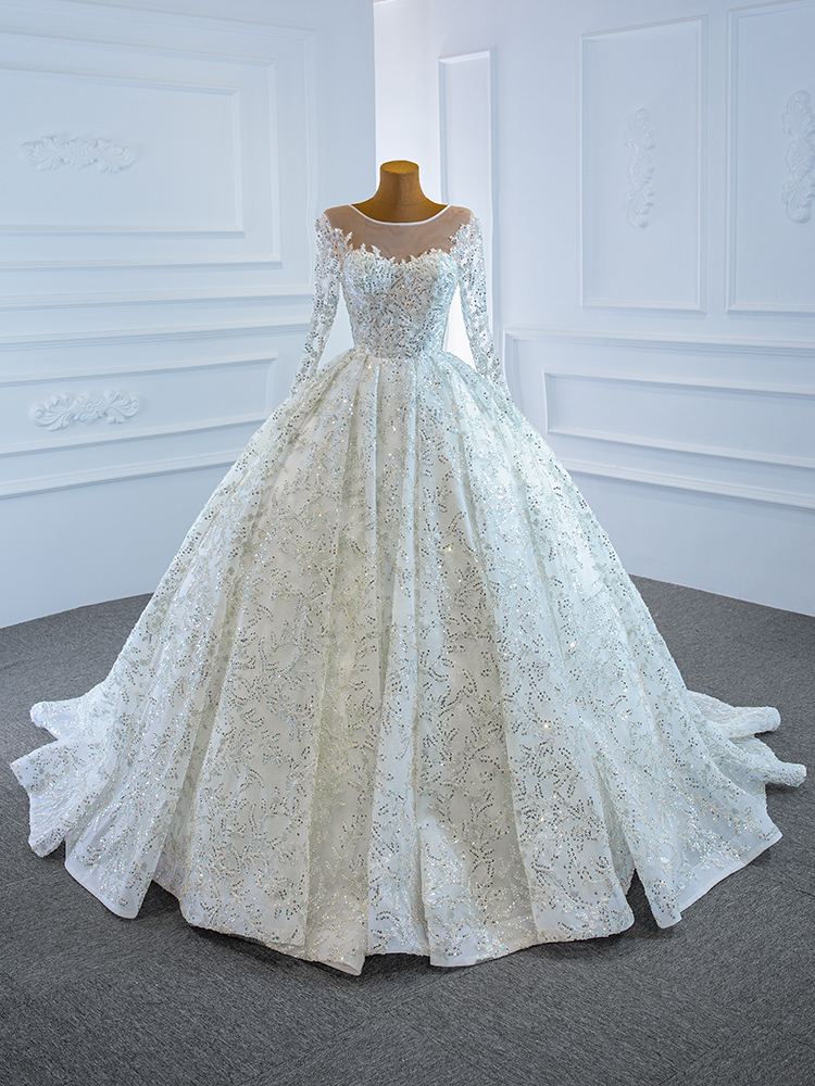 luxury model scoop neck long sleeve ball gown wedding dress 67193