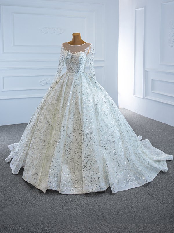 luxury model scoop neck long sleeve ball gown wedding dress 67193