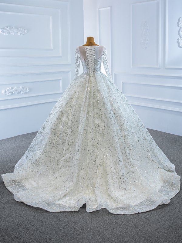 luxury model scoop neck long sleeve ball gown wedding dress 67193